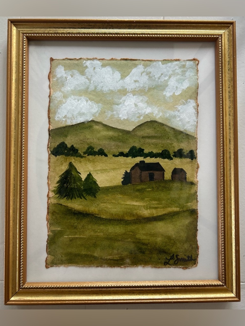 Original Framed Countryside Landscape Watercolor Painting